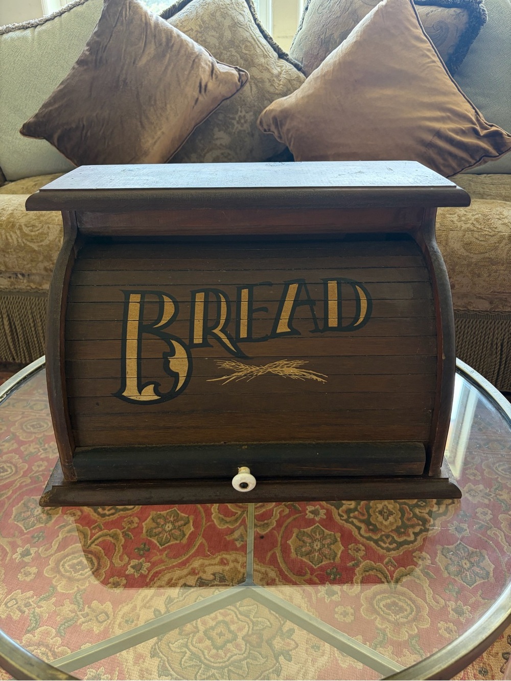 Vintage Wooden Brown Bread Box with Roll-Top Lid